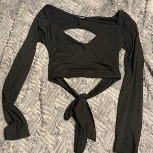 Black Long Sleeve Tie-Front Top